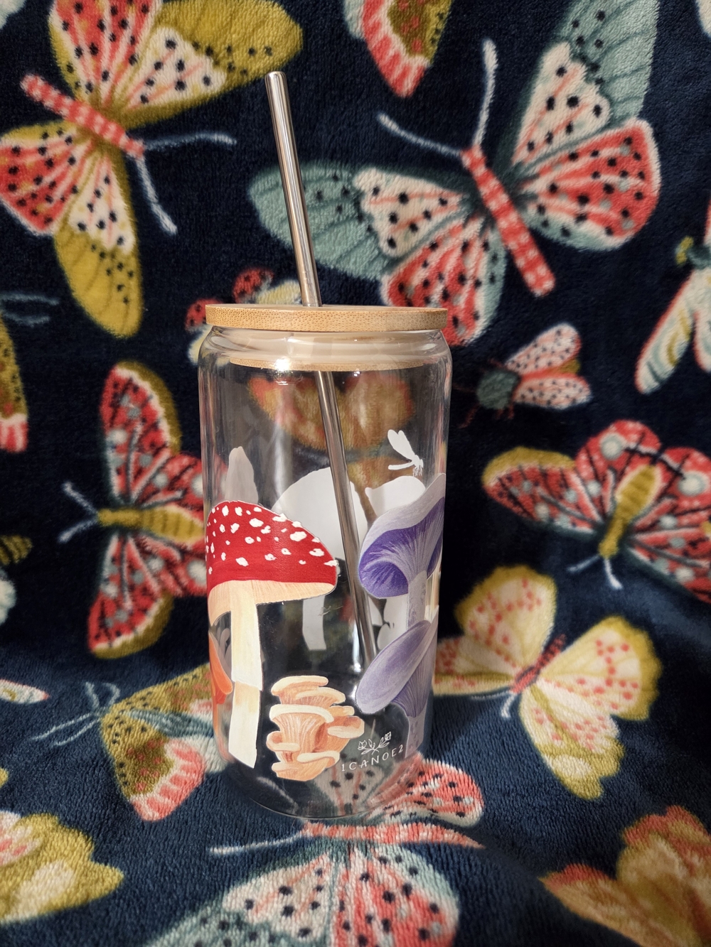 Mushroom Glass Tumbler with Bamboo Lid and Straw